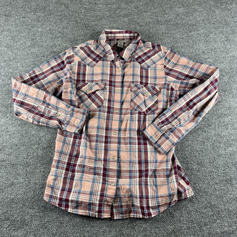 Wrangler Shirt Womens L Pink Blue Plaid‎ Snap Button Western Long Sleeve
